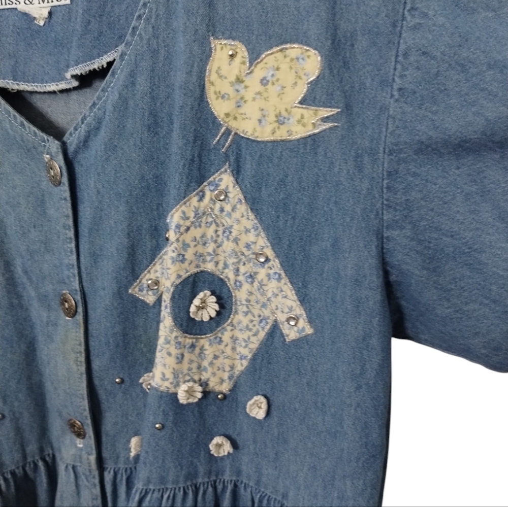 Vintage Miss & Mrs Womens Size XL Patchwork Jumper Bird Cottagecore Denim Dress - Picture 4 of 8